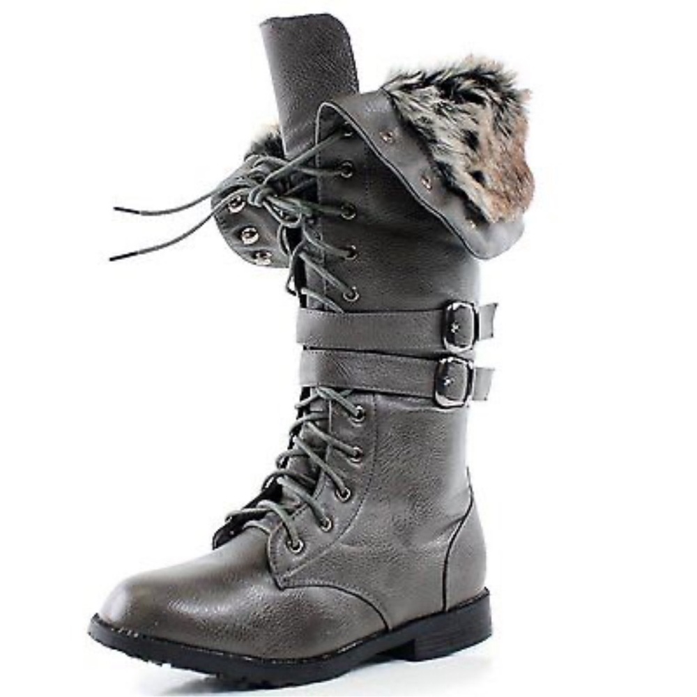 Women's Gray Fur-Lined Lace-Up Boots